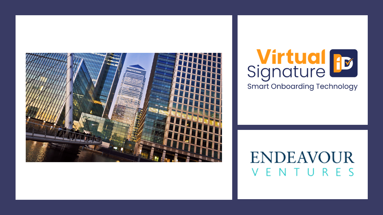 Canary wharf buildings alongside logos for Virtual Signature-ID Validate Ltd and Endeavor Ventures Ltd