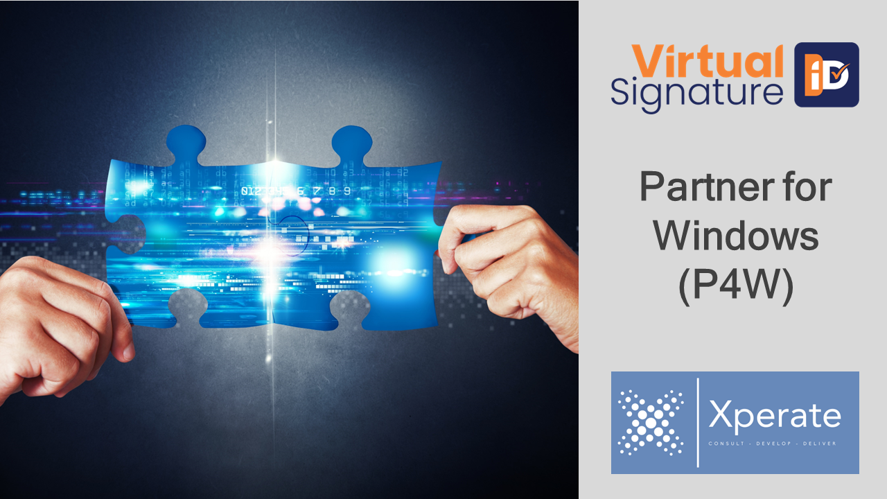 Hand holding a digital jigsaw piece for partnership between VirtualSignature ID and P4W Partner for Windows